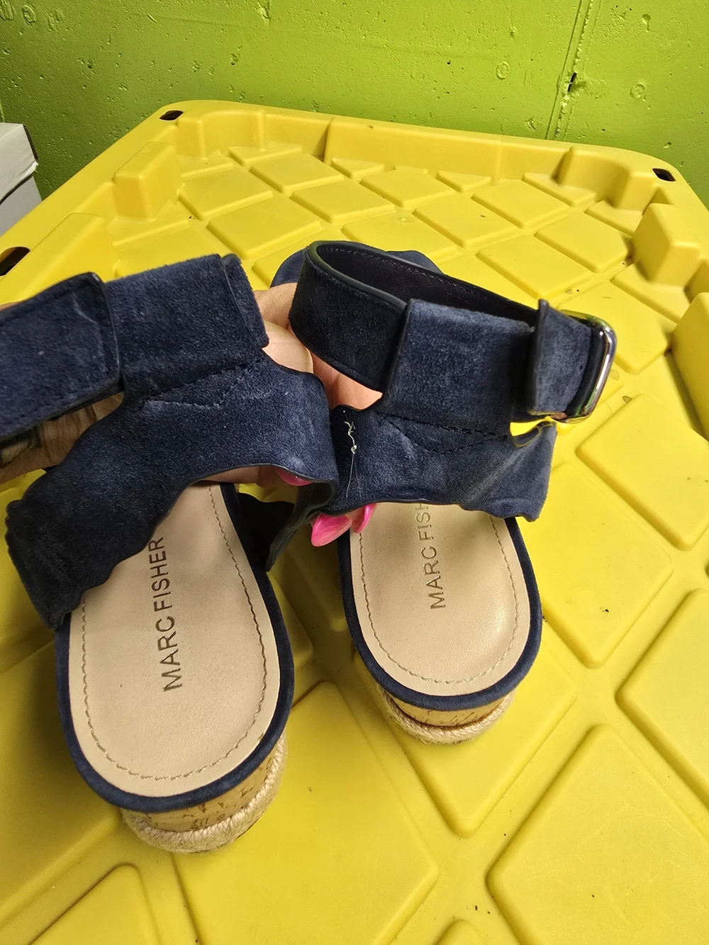 Marc Fisher Navy Scalloped Suede Cork Espadrille Wedges
